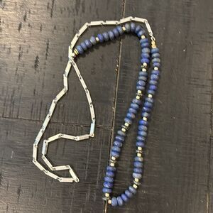 Unique Lapis Blue & Silver Long Beaded & Chain Southwestern Boho Necklace​​​​​​​